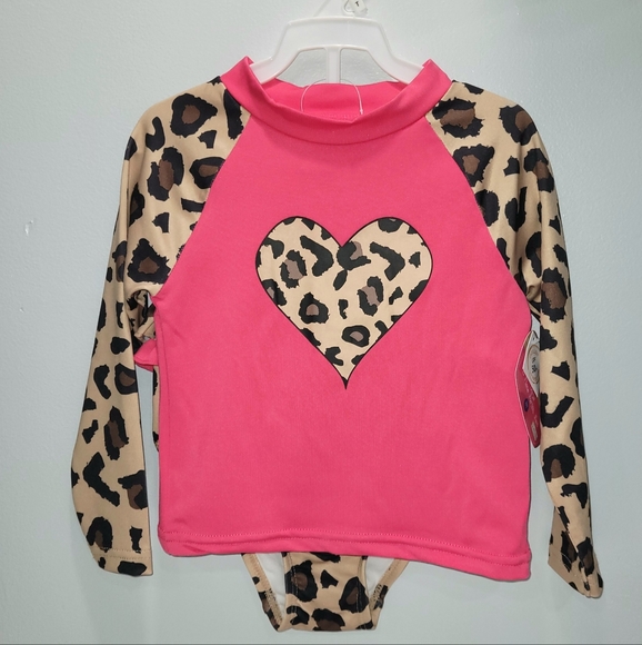 Girls 3pc Bathing Suit - Pink Leopard Bikini with Long Sleeve Rash Guard Shirt - Picture 2 of 3